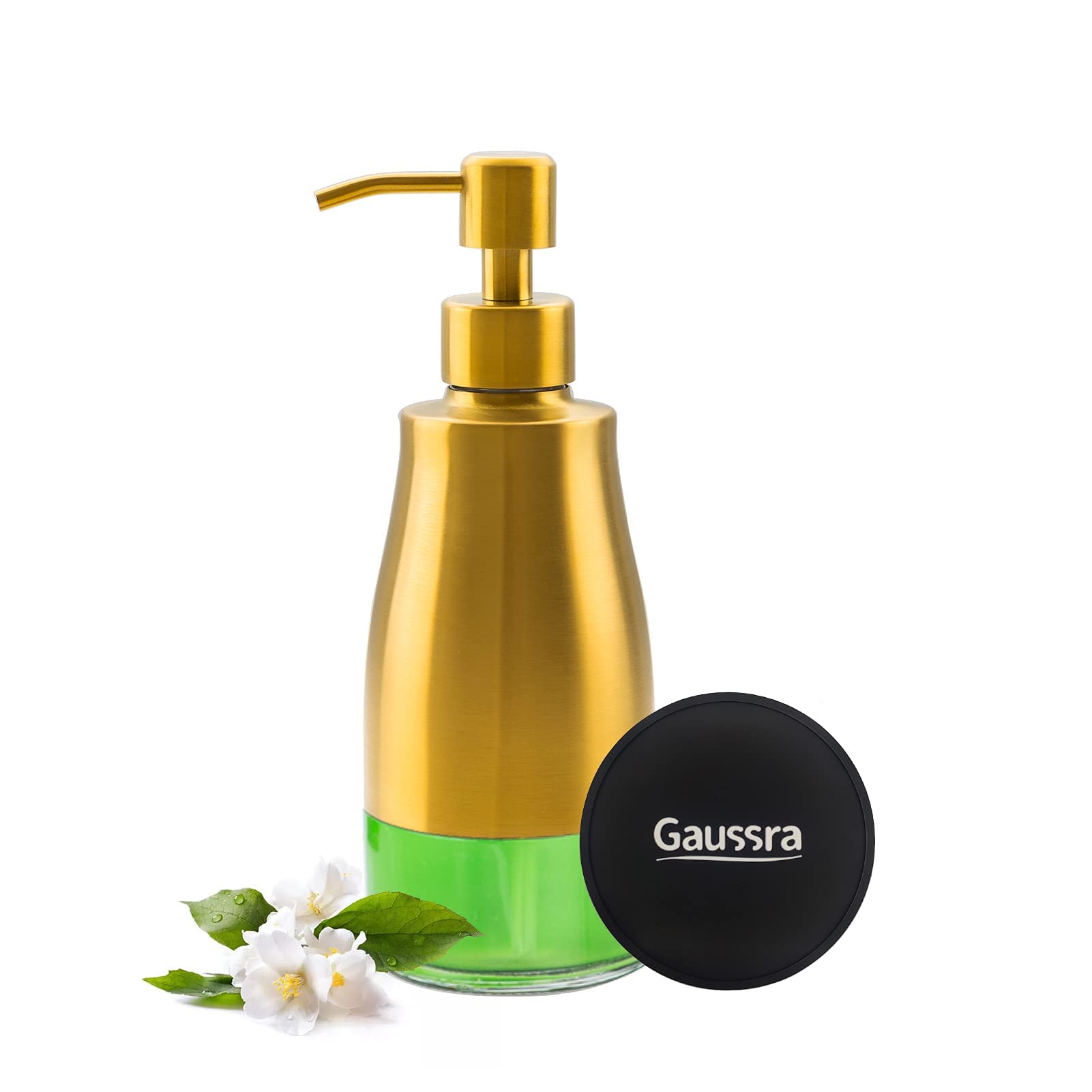 Gaussra Soap Dispenser with Coaster and Stickers, Brushed Nickel Stainless Steel Case Glass Liner Hand Pump Dispenser, Refillable Liquid Hand Soap Dispenser for Bathroom & Kitchen (11OZ / 320ML)