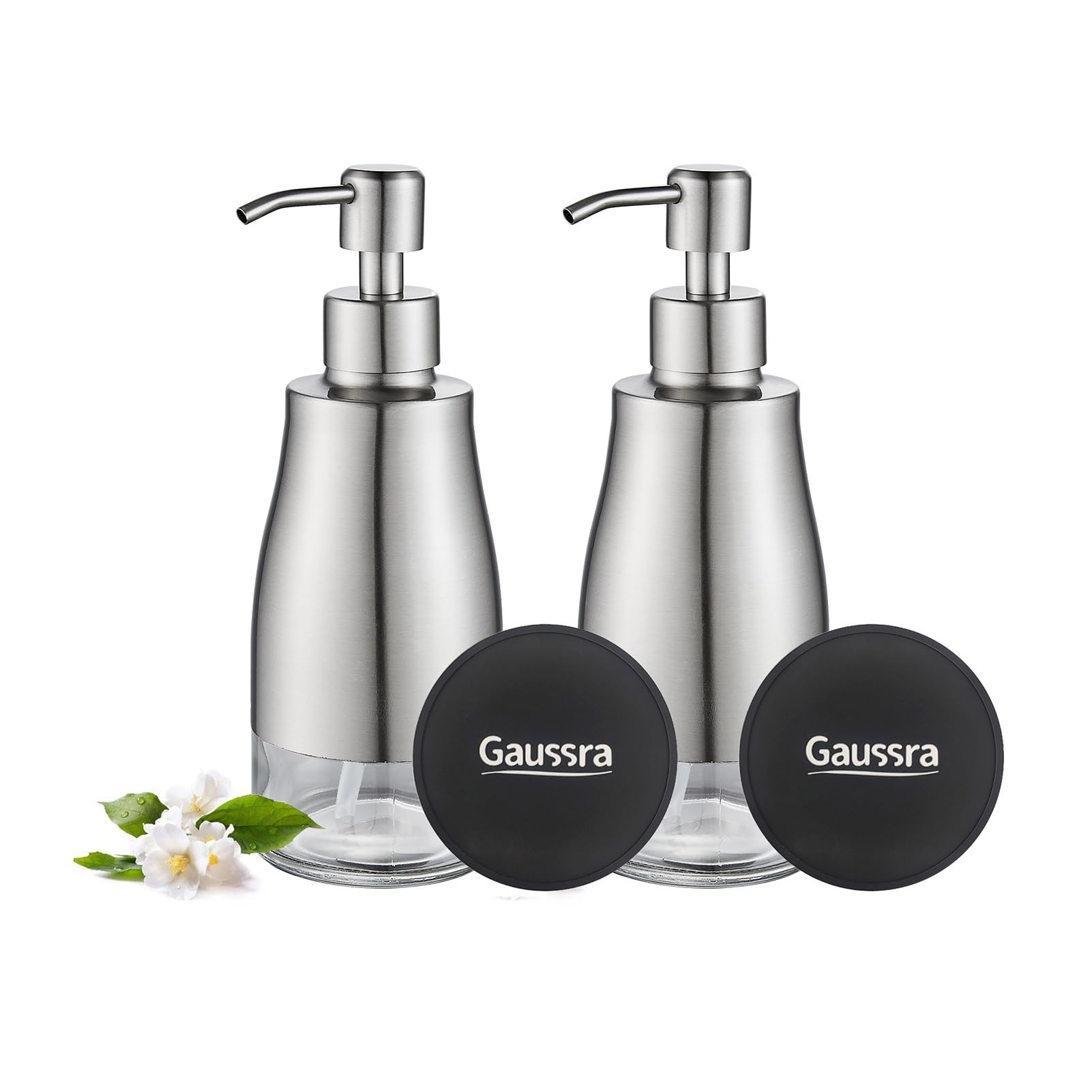 Gaussra Soap Dispenser with Coaster and Stickers, Brushed Nickel Stainless Steel Case Glass Liner Hand Pump Dispenser, Refillable Liquid Hand Soap Dispenser for Bathroom & Kitchen (11OZ / 320ML)