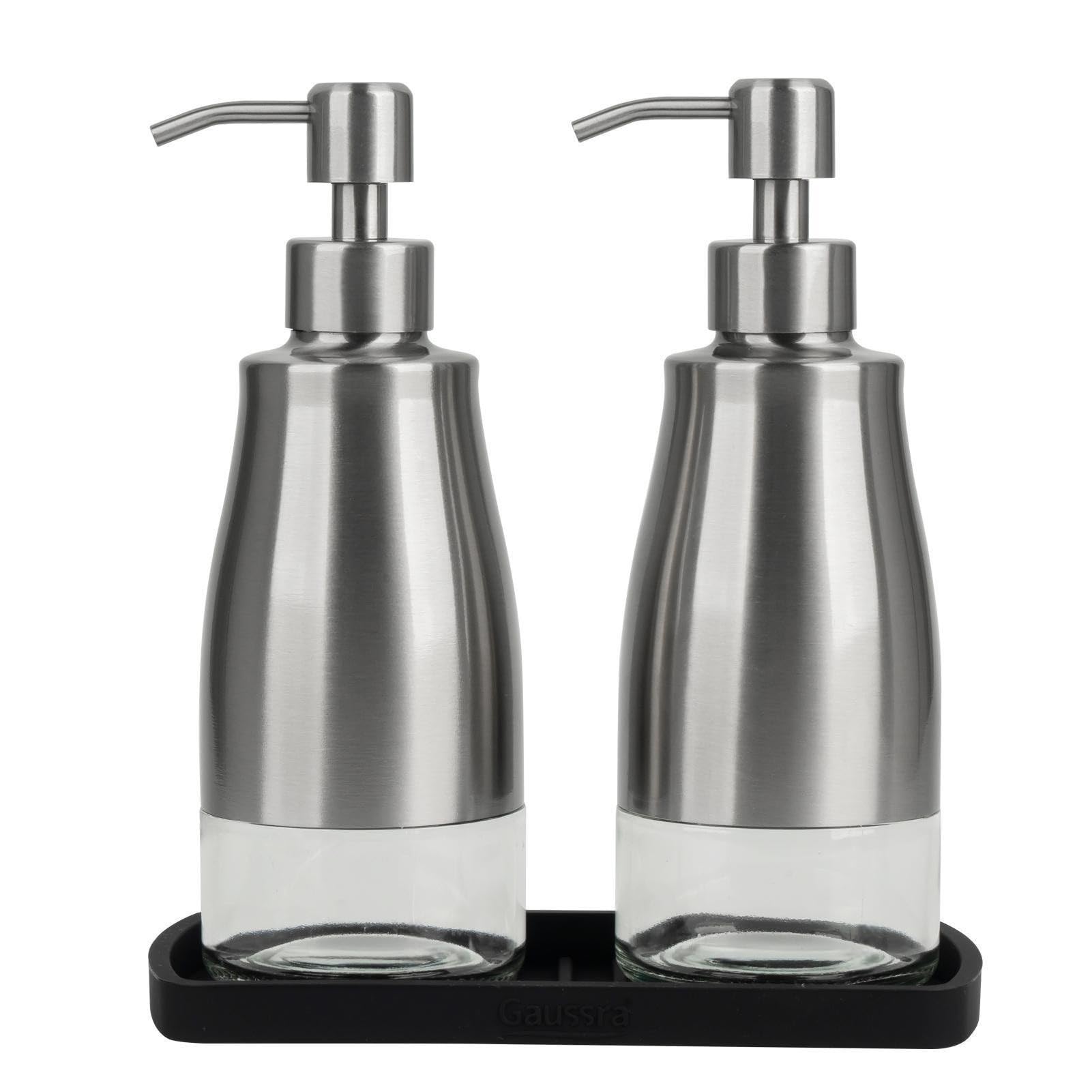 Gaussra Soap Dispenser with Coaster and Stickers, Brushed Nickel Stainless Steel Case Glass Liner Hand Pump Dispenser, Refillable Liquid Hand Soap Dispenser for Bathroom & Kitchen (11OZ / 320ML)