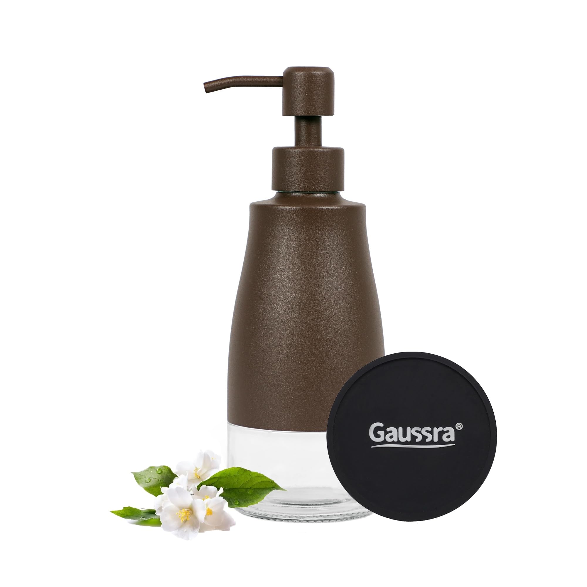 Gaussra Soap Dispenser with Coaster and Stickers, Brushed Nickel Stainless Steel Case Glass Liner Hand Pump Dispenser, Refillable Liquid Hand Soap Dispenser for Bathroom & Kitchen (11OZ / 320ML)