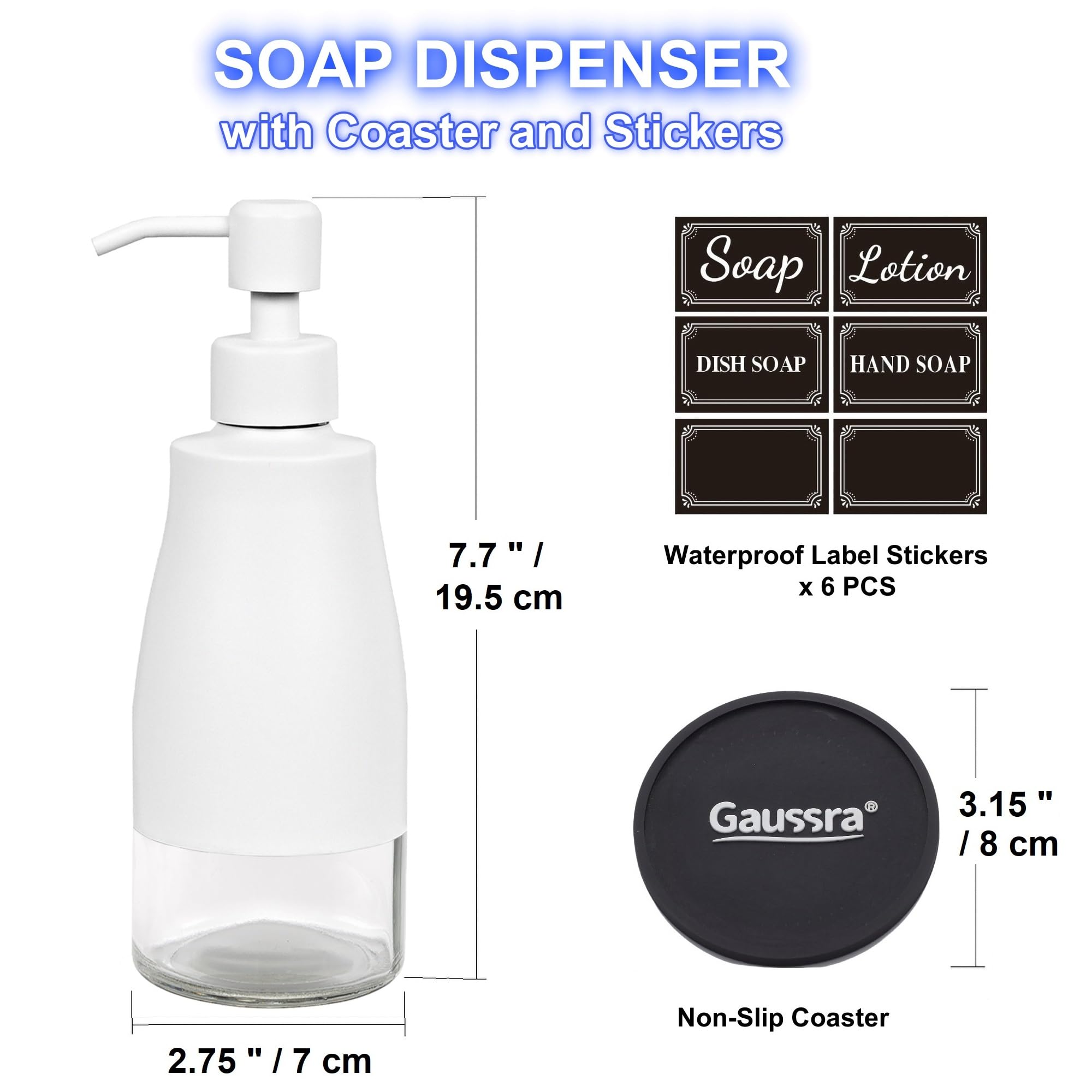Gaussra Soap Dispenser with Coaster and Stickers, Brushed Nickel Stainless Steel Case Glass Liner Hand Pump Dispenser, Refillable Liquid Hand Soap Dispenser for Bathroom & Kitchen (11OZ / 320ML)