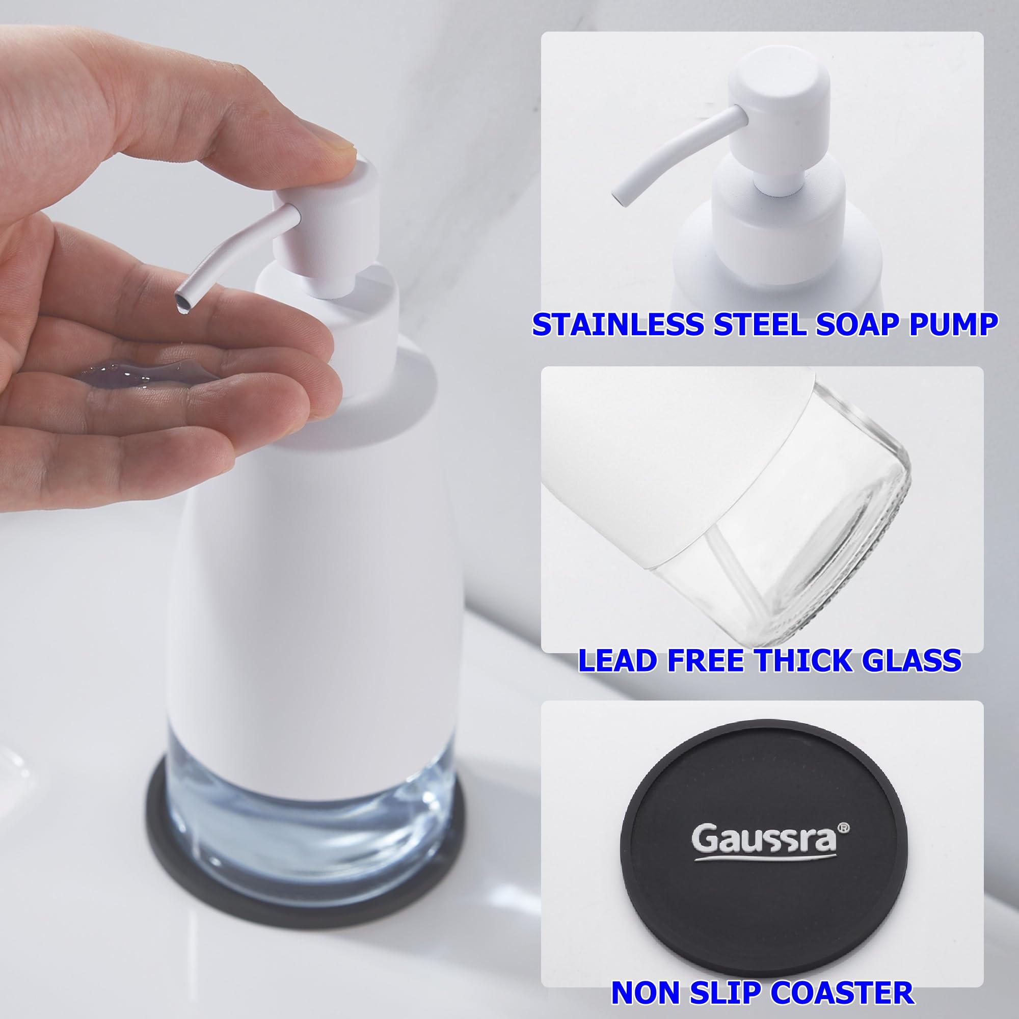 Gaussra Soap Dispenser with Coaster and Stickers, Brushed Nickel Stainless Steel Case Glass Liner Hand Pump Dispenser, Refillable Liquid Hand Soap Dispenser for Bathroom & Kitchen (11OZ / 320ML)